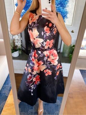 JULIA JORDAN Black Floral Cocktail Midi Dress with Coral Accents! 🌺